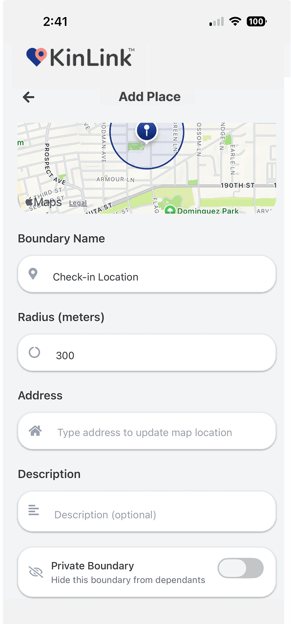 KinLink Add Place screen showing map, boundary name, radius, and Private Boundary toggle