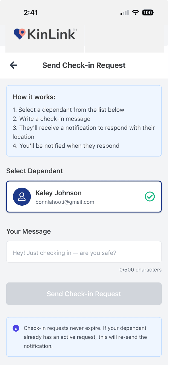 KinLink check-in request screen