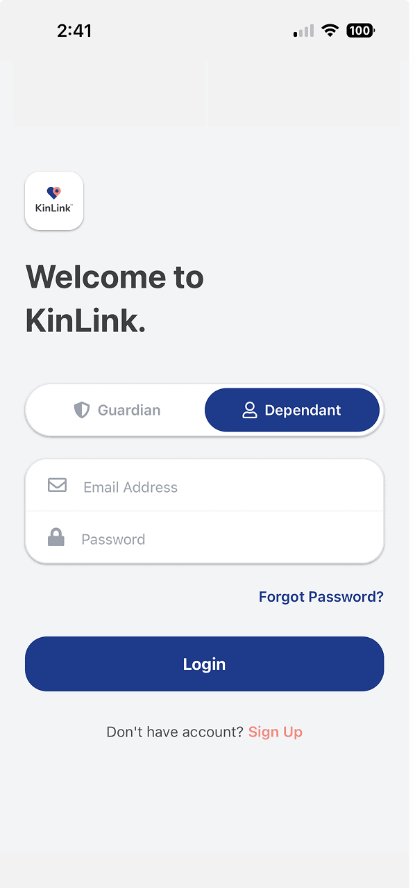 KinLink dependent login screen