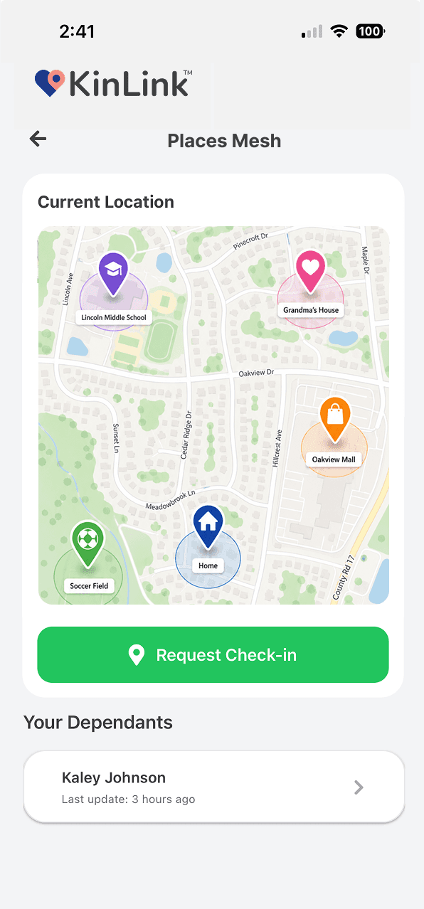 KinLink app showing the Places Mesh map with named family locations