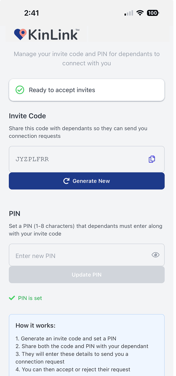 KinLink secure connect screen showing two-factor pairing