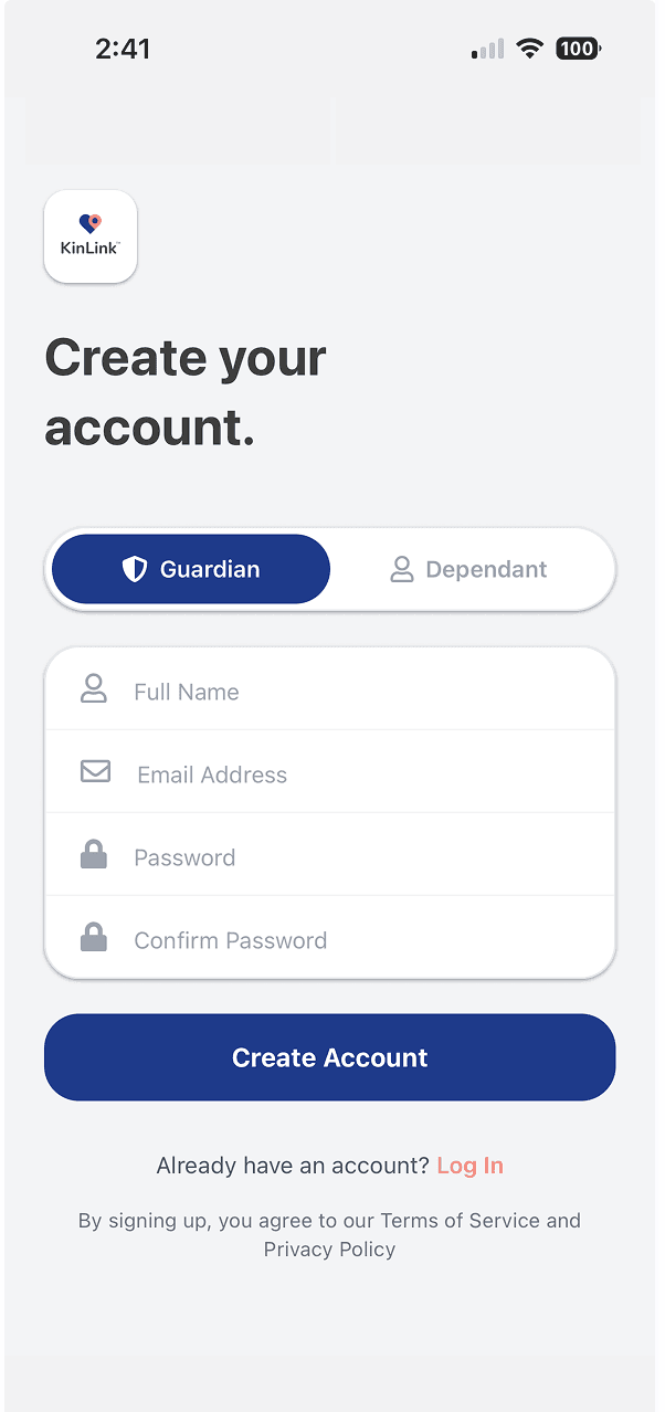 KinLink signup screen